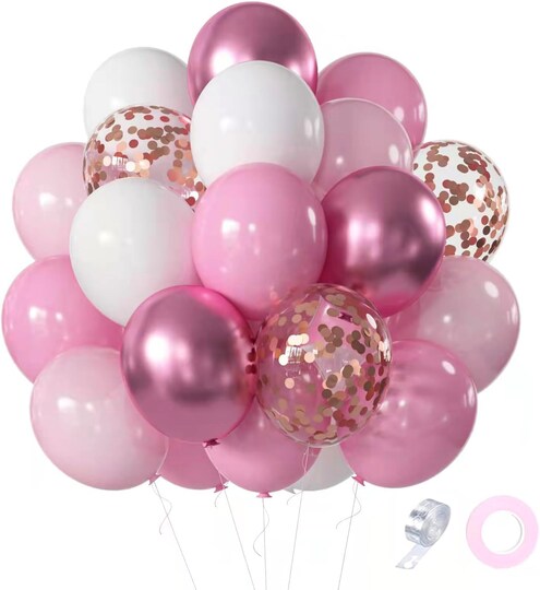 Greentek; 60-Piece Pink, White & Metallic Rose Gold Confetti Balloon Kit – 12-Inch Premium Latex & Chrome Balloons for Birthdays, Weddings & Baby Showers; Category:Latex Balloons; Image:1